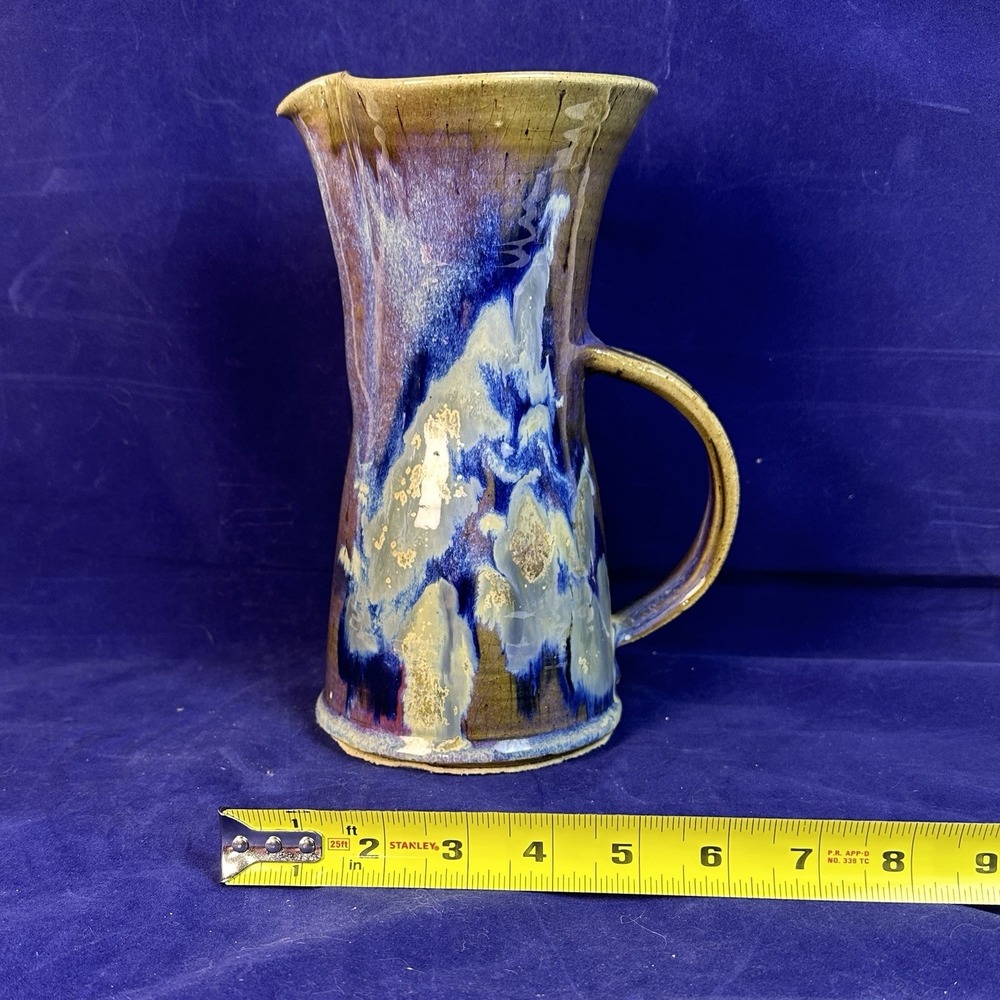Vintage Handmade Studio Pottery Pitcher 9.5" Blue Brown Drip Glaze Art Pottery - Picture 8 of 8